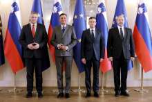 L to R, Speaker Dejan Židan, President Borut Pahor, Prime Minister Marjan Šarec, and National Council President Alojz Kovšca
