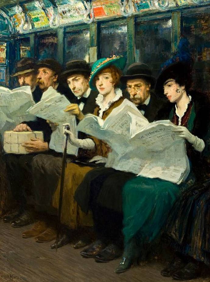 Subway riders in New York City, aka Evening News, 1914