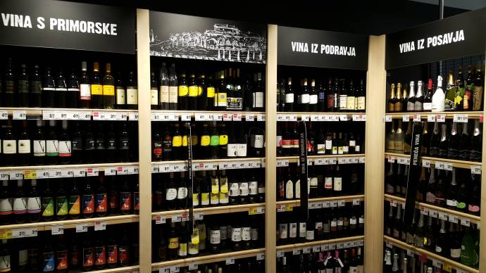 Wine shelves at the supermarket Mercator