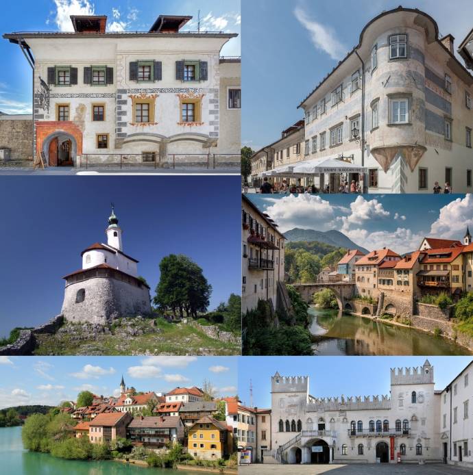 Clockwise from top left: Kranj;  Radovljica; Škofja Loka; Koper; Novo Mesto; Kamnik