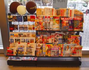 The newsstand in one of Petrol&#039;s new Hop-In convenience stores, this one on Ljubljana&#039;s Slovenska cesta. Sadly not 24-hour, and not even until midnight, but a step in the right direction for those who dream of being able to buy canned tomatoes, cigarettes and potato chips at 3am