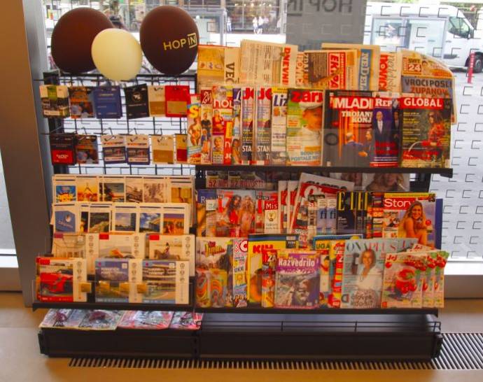 The newsstand in one of Petrol&#039;s new Hop-In convenience stores, this one on Ljubljana&#039;s Slovenska cesta. Sadly not 24-hour, and not even until midnight, but a step in the right direction for those who dream of being able to buy canned tomatoes, cigarettes and potato chips at 3am