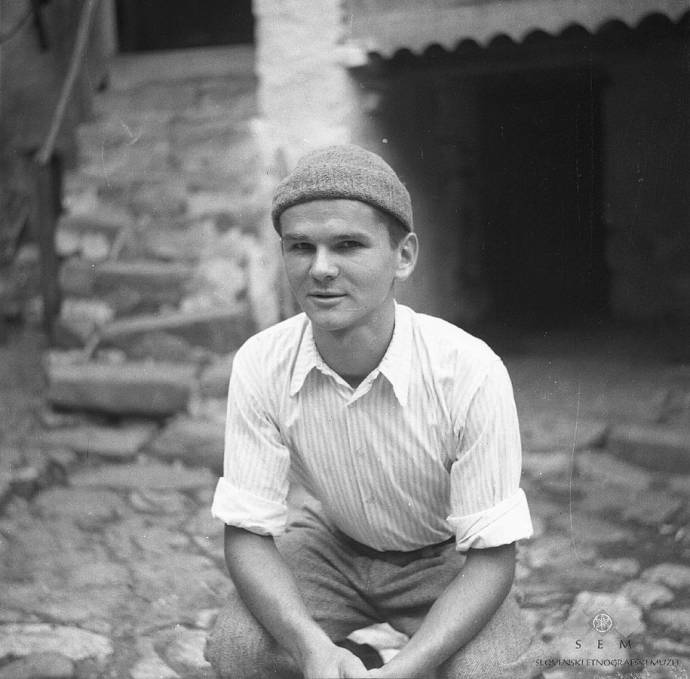 Anton Čebokli with a homemade cap, Podbela, 1951