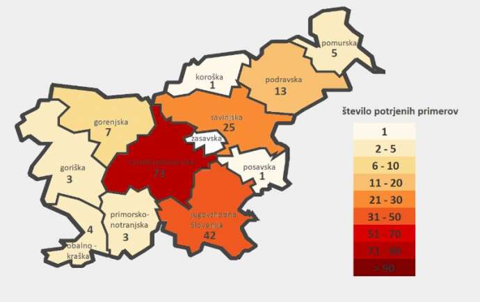 Number of cases and region as of 14:00 14 March 2020