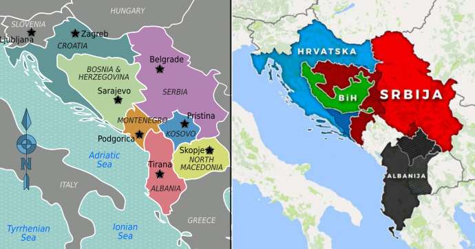 Current borders (left), borders proposed in the non-paper (right