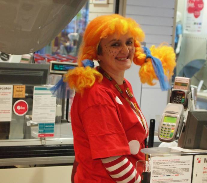 Shop assistant Pipi Long-stocking at Mercator supermarket, 2013