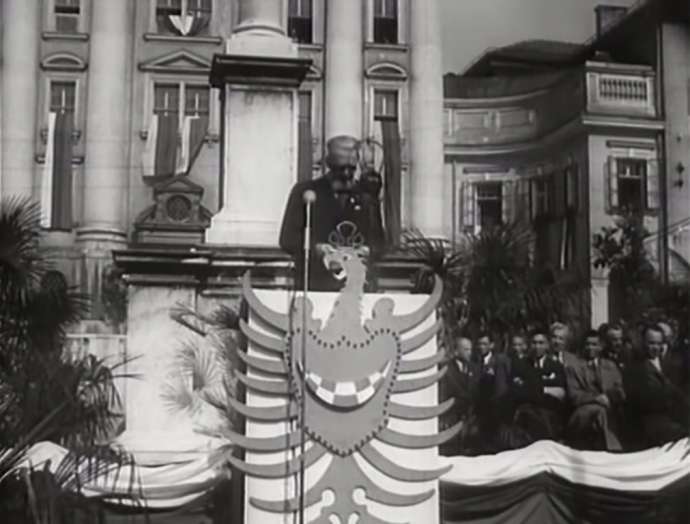 Leon Rupnik speaking at a Nazi rally in Ljubljana