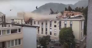 A building loses its roof in Kranj